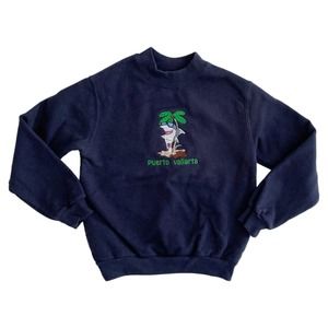 Vintage Puerto Vallarta Small Kids Sweatshirt Cool Shark Crewneck Navy Blue‎ NEW